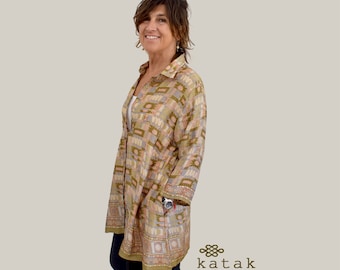 Lange Tunika aus Kreppseide, bedruckte Bohème-Bluse, elegantes Seidenhemd