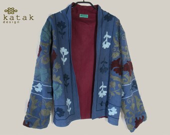 Suzani handmade embroidered jacket, handmade Suzani jacket, Suzani embroidery on cotton jacket, boho style jacket, ethnic jacket