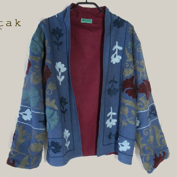 Suzani handmade embroidered jacket, handmade Suzani jacket, Suzani embroidery on cotton jacket, boho style jacket, ethnic jacket