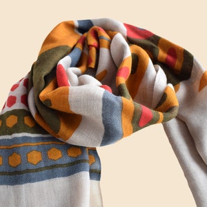 Fine wool scarf with colorful geometric print, lively colorful woman scarf image 1