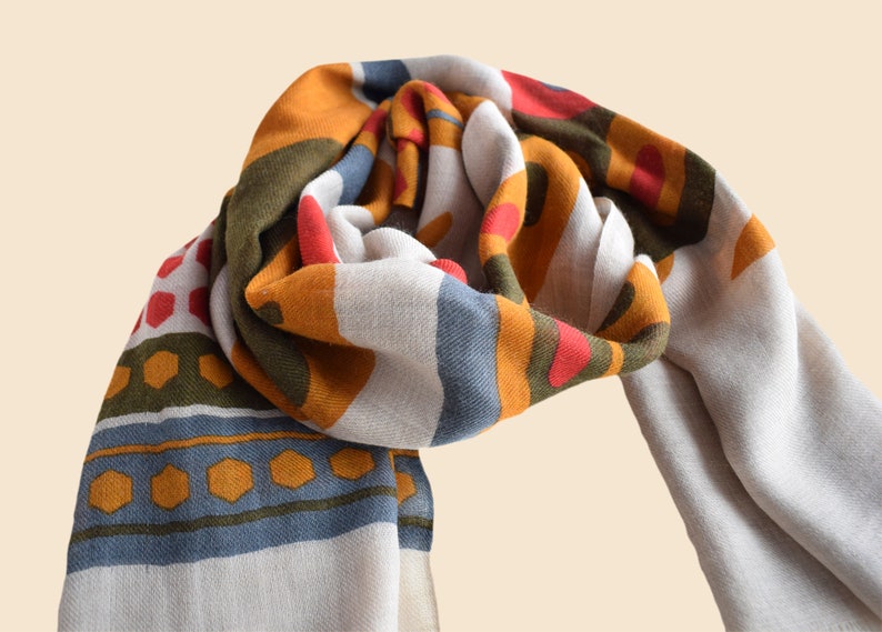 Fine wool scarf with colorful geometric print, lively colorful woman scarf image 1