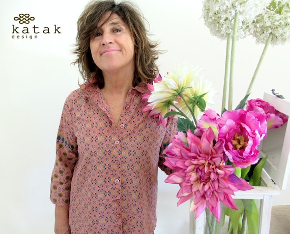 blusa algodón estampada de mujer, blusa india estilo bohemio, ropa casual para mujer, camisa algodón, camisa botones y  manga francesa
