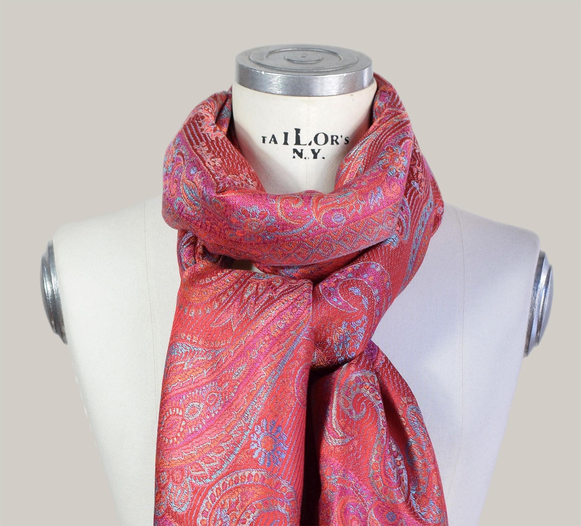 Woven Silk Scarf With Traditional Indian Design in Red, Indian