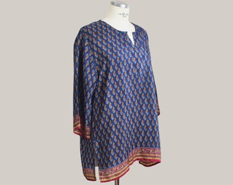 Dark blue loose fit indian silk top tunic for women plus size, beach cover up, boho style clothing