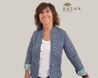 Giacca imbottita indaco da donna, giacca ricamata kantha reversibile, giacca da tasca boho, abbigliamento indiano di cotone, cappotto imbottito