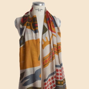 Fine wool scarf with colorful geometric print, lively colorful woman scarf image 4