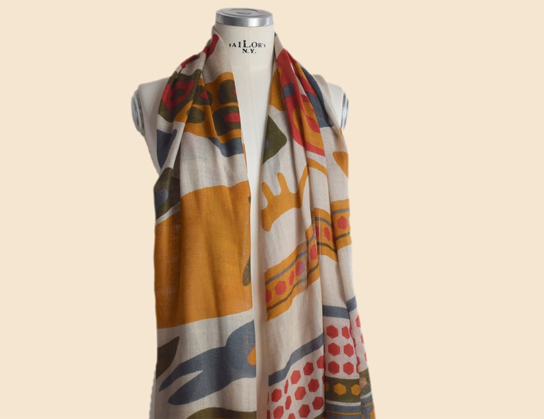 Fine wool scarf with colorful geometric print, lively colorful woman scarf image 4