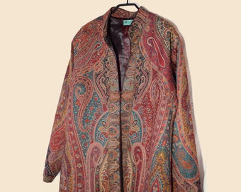 Abrigo paisley jamawar, abrigo Kashmir, chaqueta larga bohemia talla XL, abrigo kimono tejido jamawar, chaqueta guardapolvo boho