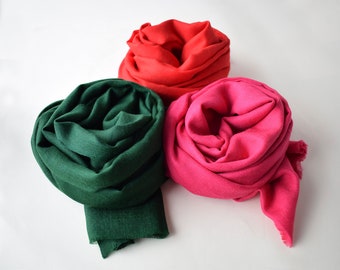 Wool silk light scarf solid color red fuchsia green bottle,  indian pashmina