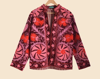 Velvet jacket size XL maroon color and Suzani embroidery, boho style jacket, Indian clothing for women