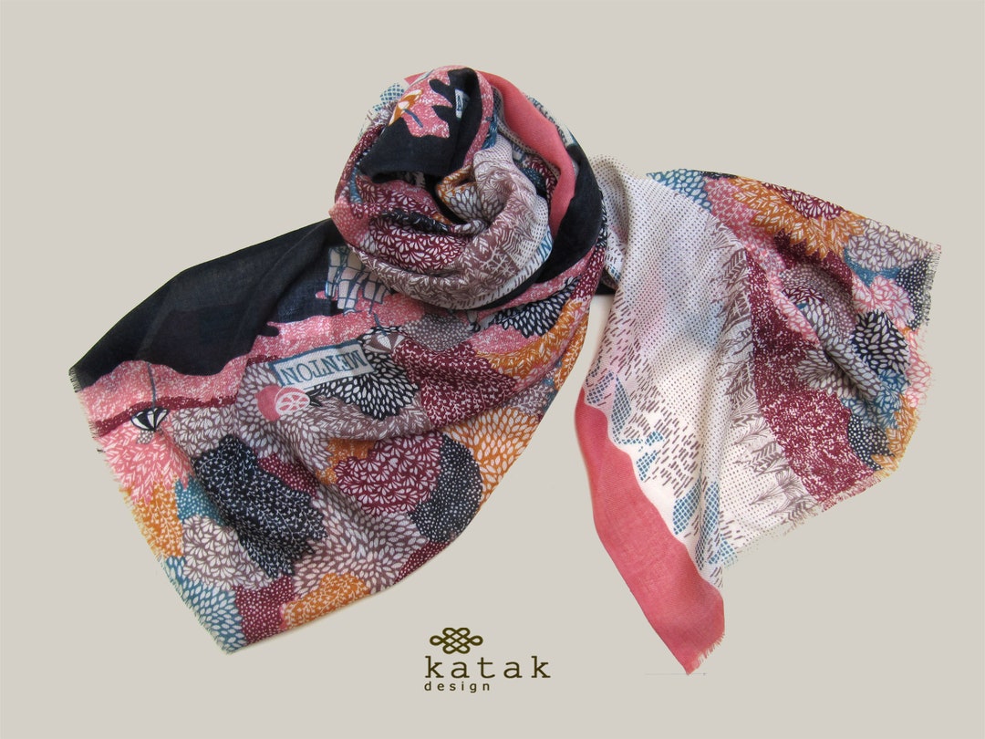Écharpe Femme NORDSTROM En Laine - Couleur Gris Chiné/noir/vert, Détail Floral - Neuf Sans étiquette, Fabriquée En Italie