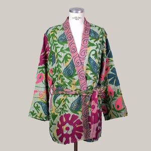 Kimono jacket XL size made from recycled green kantha cotton fabric and colourful floral suzani embroidery.