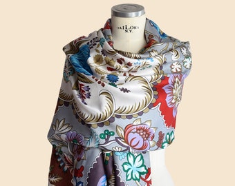 Elegant women's pure silk scarf shawl with cheerful floral folk print