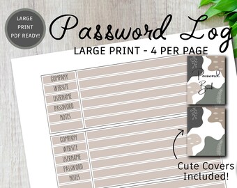 Boho Neutral Minimalist Password Keeper Tracking Log, Download PDF, Letter Size 8.5 x 11, Large Print, Print Ready, Username Password Book