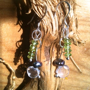 Peridot, Rose Quartz, Freshwater Pearl and Sterling Silver gemstone art earrings image 1