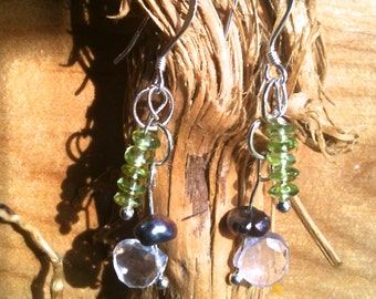 Peridot, Rose Quartz, Freshwater Pearl and Sterling Silver gemstone art earrings