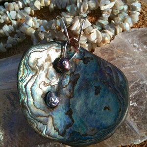 Abalone, Fresh Water Pearl, Pink Tourmaline & Sterling Silver pendant on Opal gem-art necklace image 1