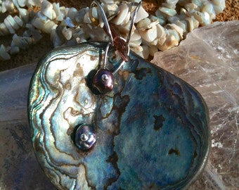 Abalone, Fresh Water Pearl, Pink Tourmaline & Sterling Silver pendant on Opal gem-art necklace