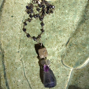 Iolite and Pyrite gemstone art necklace with Amethyst, Labradorite, Aquamarine and Sterling Silver image 7