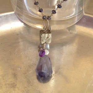 Iolite and Pyrite gemstone art necklace with Amethyst, Labradorite, Aquamarine and Sterling Silver image 2