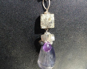 Iolite and Pyrite gemstone art necklace with Amethyst, Labradorite, Aquamarine and Sterling Silver