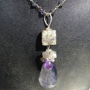 Iolite and Pyrite gemstone art necklace with Amethyst, Labradorite, Aquamarine and Sterling Silver image 1