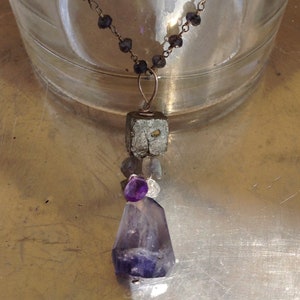 Iolite and Pyrite gemstone art necklace with Amethyst, Labradorite, Aquamarine and Sterling Silver image 5