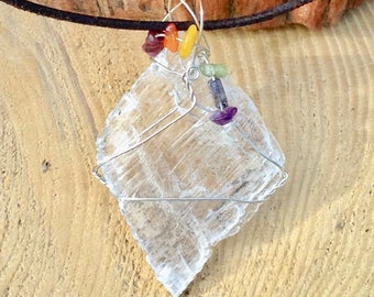 Selenite Rainbow Gemstone Art Pendant with Sterling Silver and Leather Necklace