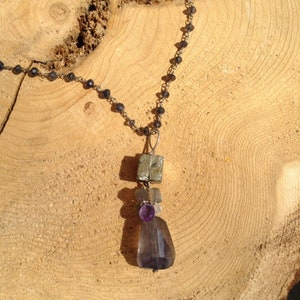 Iolite and Pyrite gemstone art necklace with Amethyst, Labradorite, Aquamarine and Sterling Silver image 6