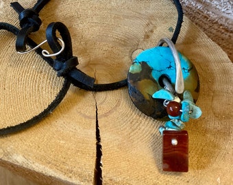 Turquoise and Carnelian gemstone art pendant with sterling silver on leather necklace
