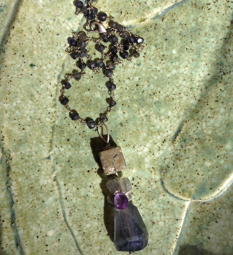 Iolite and Pyrite gemstone art necklace with Amethyst, Labradorite, Aquamarine and Sterling Silver image 7