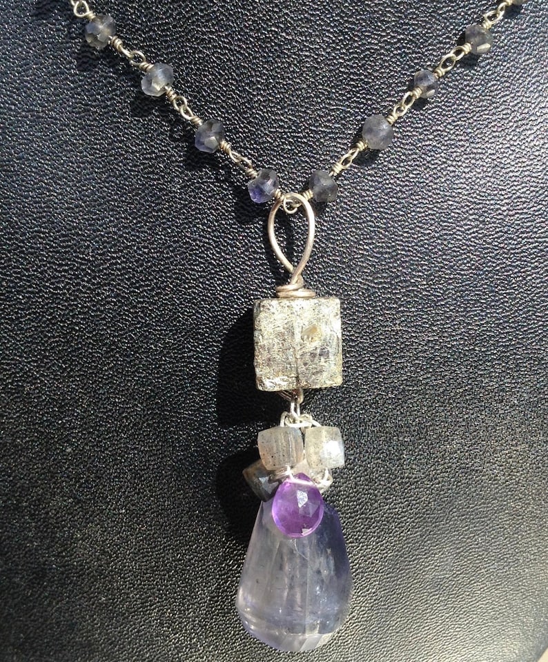 Iolite and Pyrite gemstone art necklace with Amethyst, Labradorite, Aquamarine and Sterling Silver image 1