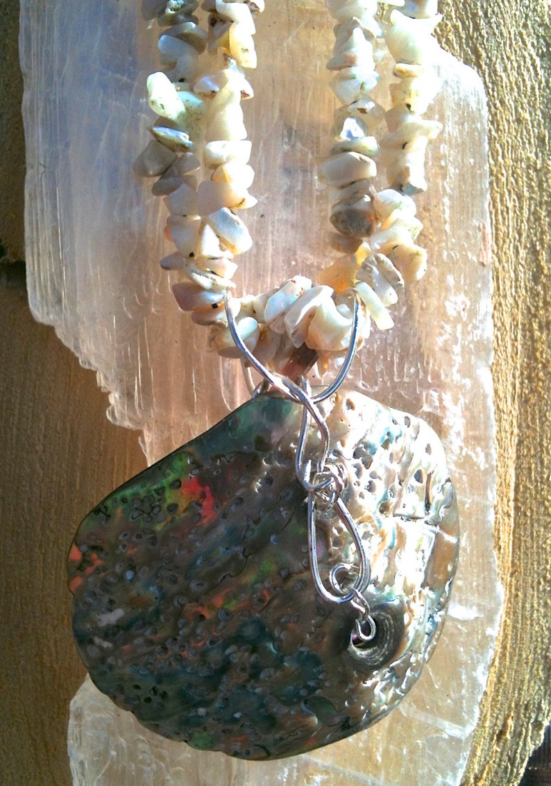 Abalone, Fresh Water Pearl, Pink Tourmaline & Sterling Silver pendant on Opal gem-art necklace image 5