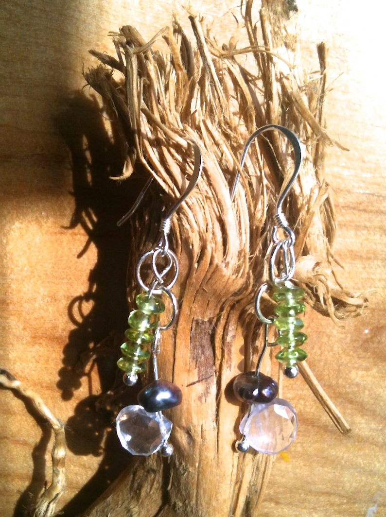 Peridot, Rose Quartz, Freshwater Pearl and Sterling Silver gemstone art earrings image 1