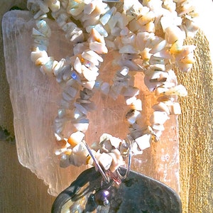 Abalone, Fresh Water Pearl, Pink Tourmaline & Sterling Silver pendant on Opal gem-art necklace image 4