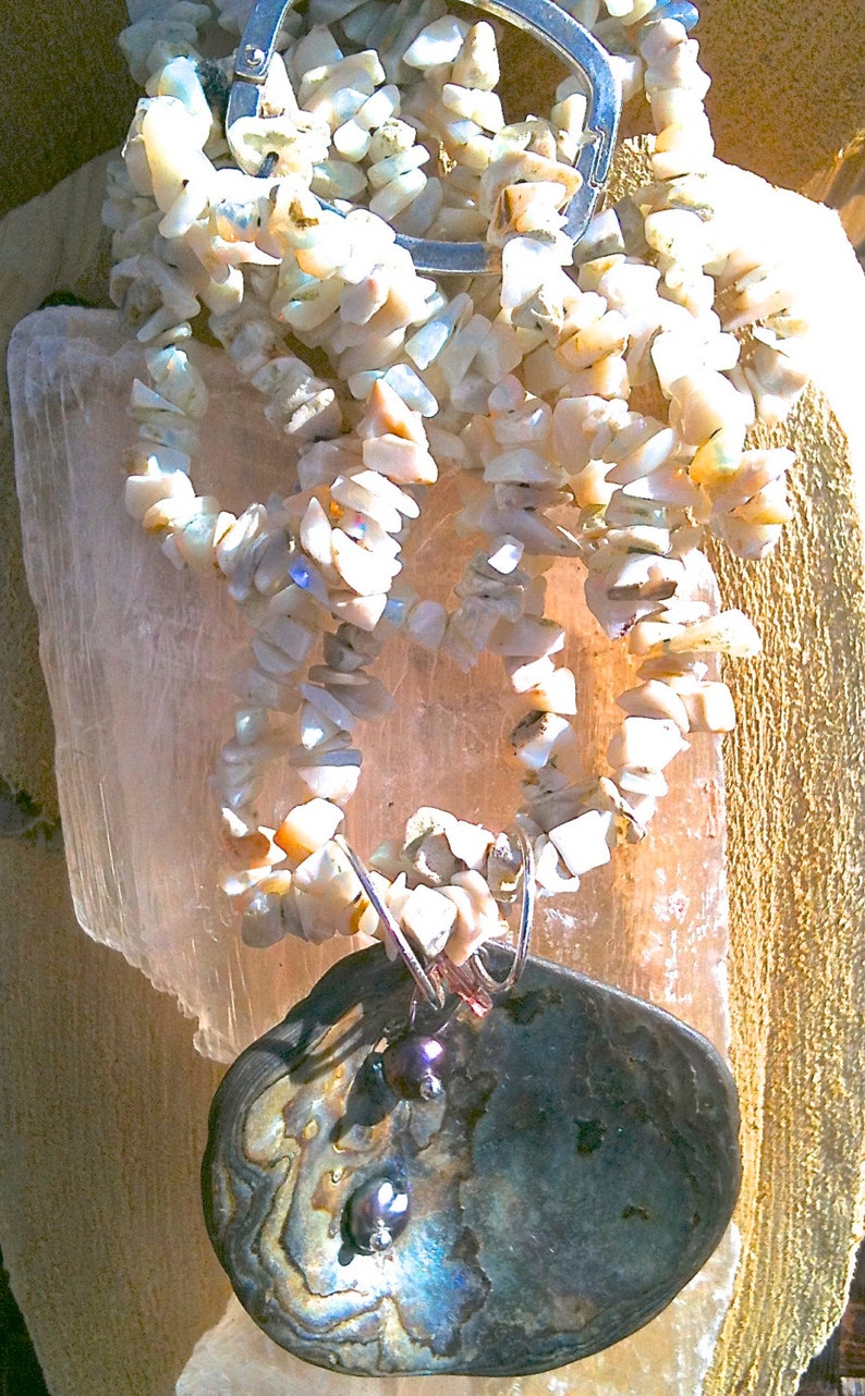 Abalone, Fresh Water Pearl, Pink Tourmaline & Sterling Silver pendant on Opal gem-art necklace image 4