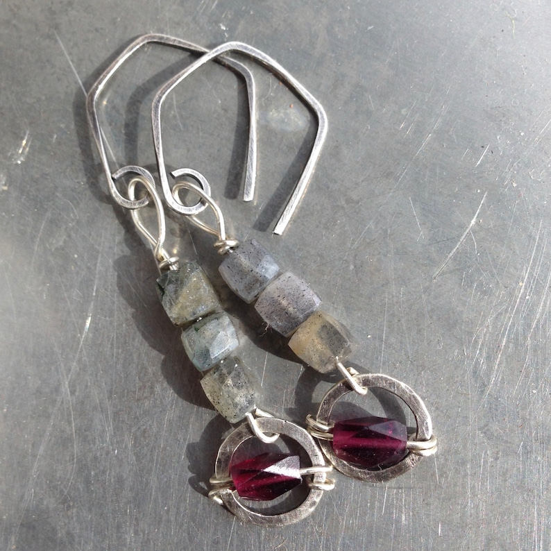 Garnet Labradorite and Sterling Silver Gemstone Art Earrings