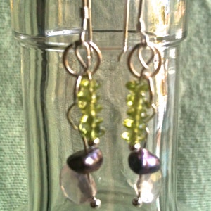 Peridot, Rose Quartz, Freshwater Pearl and Sterling Silver gemstone art earrings image 3