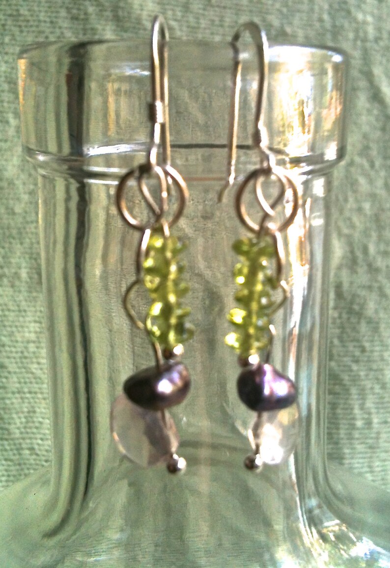 Peridot, Rose Quartz, Freshwater Pearl and Sterling Silver gemstone art earrings image 3