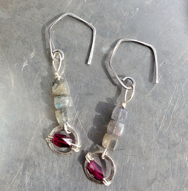 Garnet Labradorite and Sterling Silver Gemstone Art Earrings
