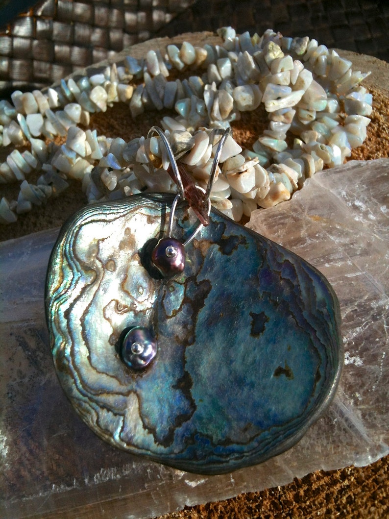 Abalone, Fresh Water Pearl, Pink Tourmaline & Sterling Silver pendant on Opal gem-art necklace image 1