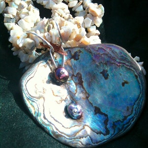 Abalone, Fresh Water Pearl, Pink Tourmaline & Sterling Silver pendant on Opal gem-art necklace image 3