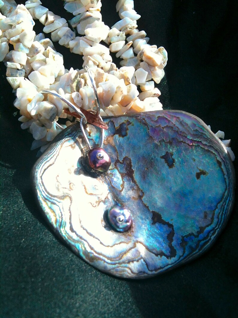 Abalone, Fresh Water Pearl, Pink Tourmaline & Sterling Silver pendant on Opal gem-art necklace image 3