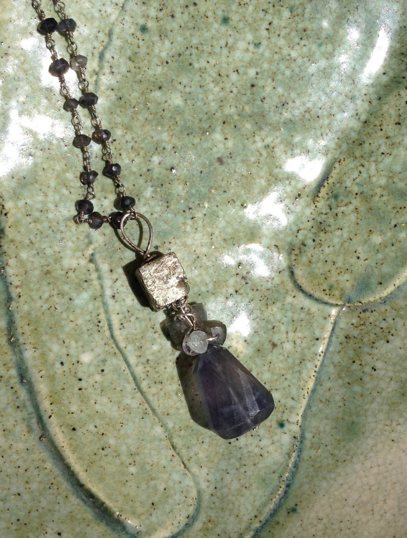 Iolite and Pyrite gemstone art necklace with Amethyst, Labradorite, Aquamarine and Sterling Silver image 9