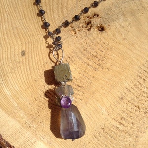 Iolite and Pyrite gemstone art necklace with Amethyst, Labradorite, Aquamarine and Sterling Silver image 8