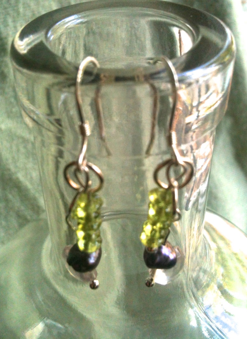 Peridot, Rose Quartz, Freshwater Pearl and Sterling Silver gemstone art earrings image 5