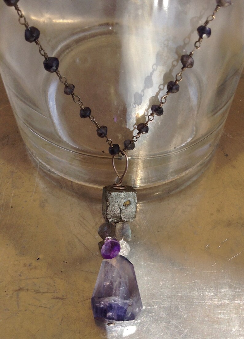 Iolite and Pyrite gemstone art necklace with Amethyst, Labradorite, Aquamarine and Sterling Silver image 5