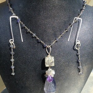 Iolite and Pyrite gemstone art necklace with Amethyst, Labradorite, Aquamarine and Sterling Silver image 10