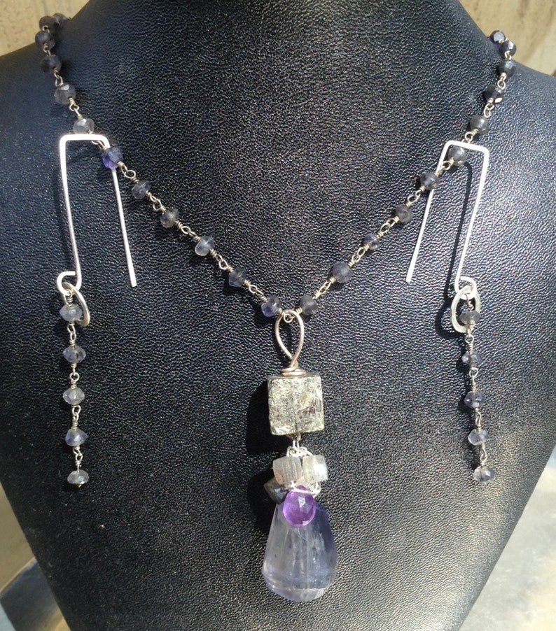 Iolite and Pyrite gemstone art necklace with Amethyst, Labradorite, Aquamarine and Sterling Silver image 10