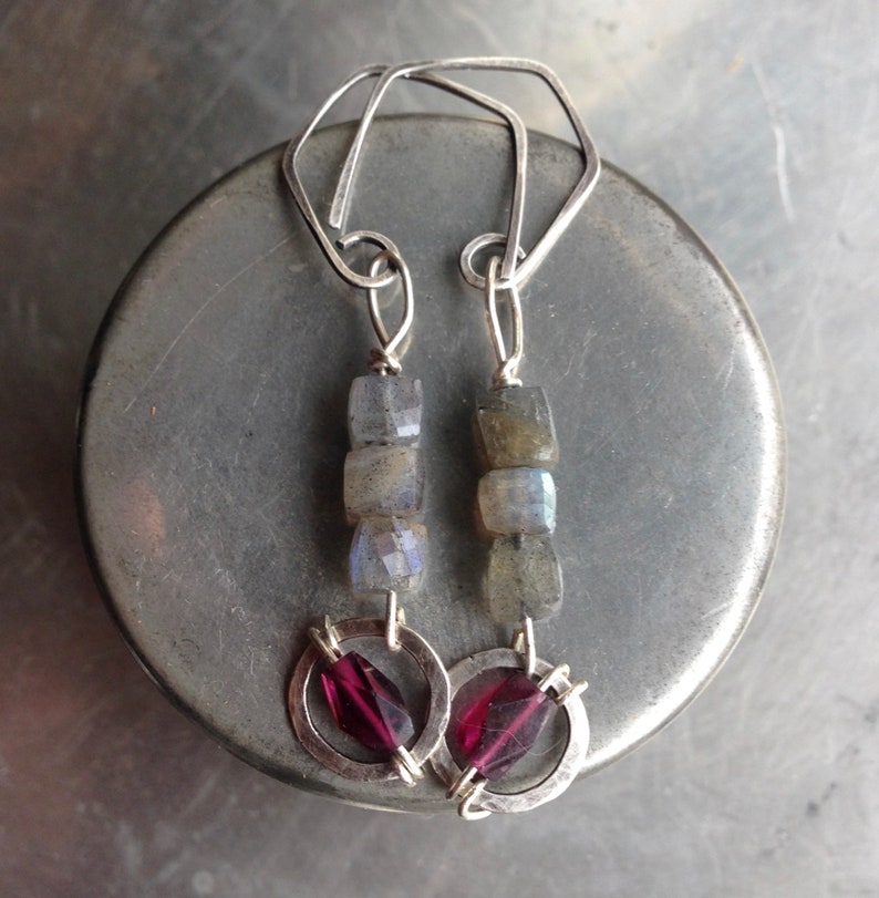 Garnet Labradorite and Sterling Silver Gemstone Art Earrings